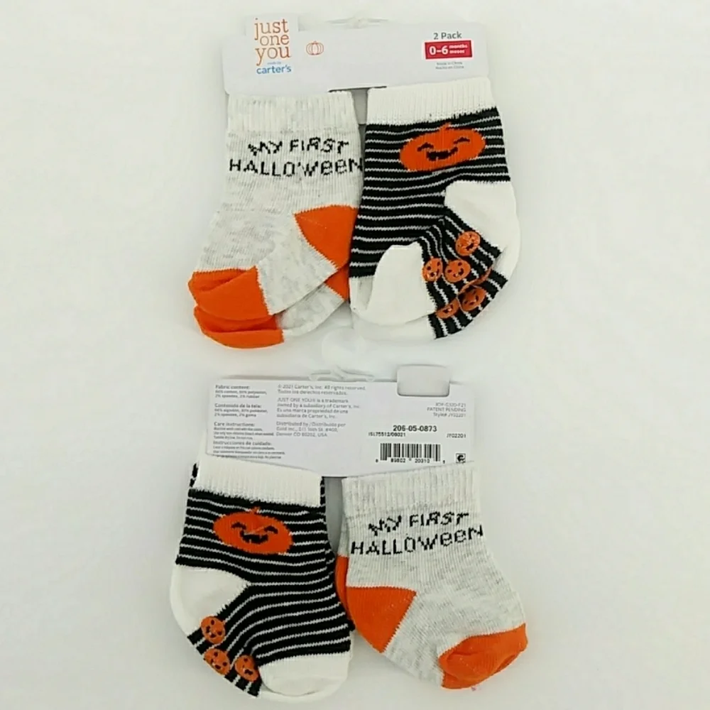 ⭐3/$30 NWT Carter's My First Halloween Socks Slipper Set Pumpkin Stripes 0-6